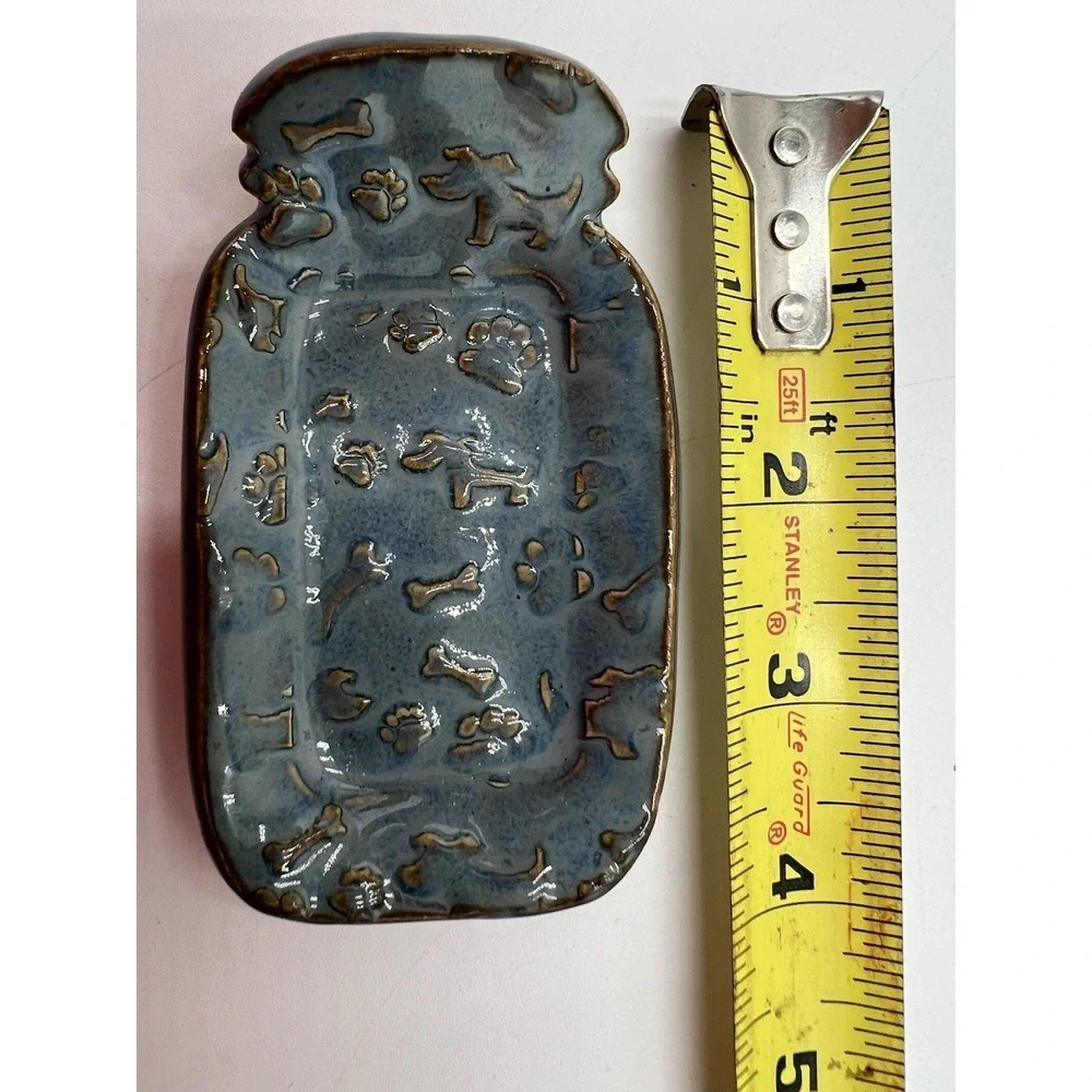 Handmade Pottery Dog Spoon Rest Blue Glaze Paw Print Bone Ceramic